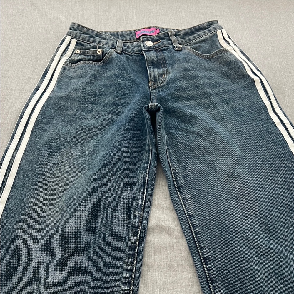 Edikted Dark Blue Flare Jeans with White Stripes